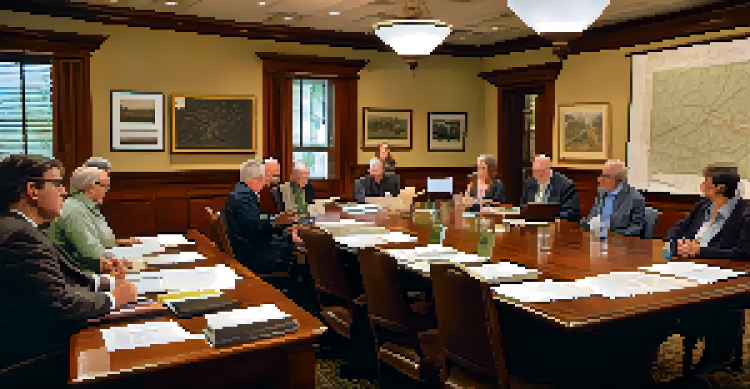 An image of a meeting at the Travis County Historical Commission with participants discussing around a table filled with documents and historical maps.