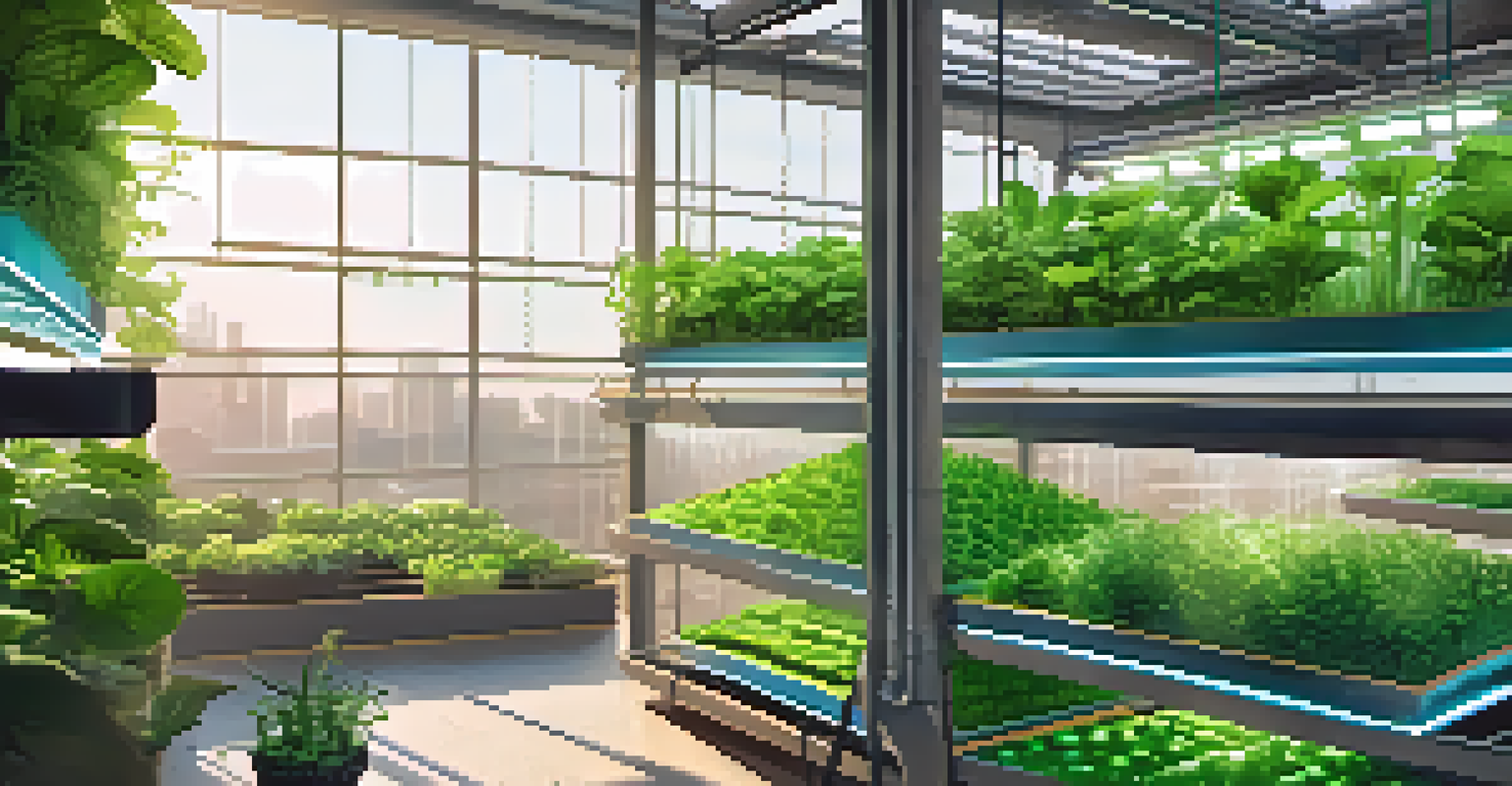 An urban farm with vertical farming systems and aquaponics, showcasing lush green plants and fish tanks, illuminated by sunlight.