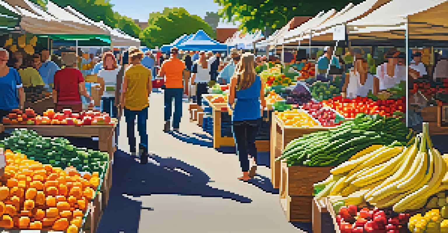 A bustling farmer's market in Austin with stalls of fresh produce and happy shoppers.
