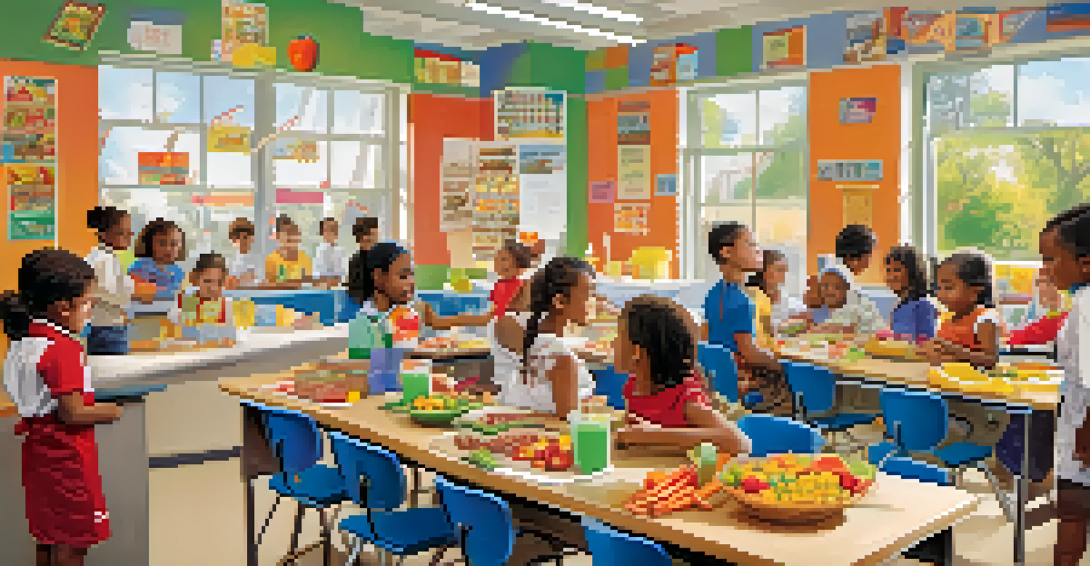 A classroom in Austin where children learn about nutrition and healthy cooking, with vibrant decorations and a teacher leading the class.