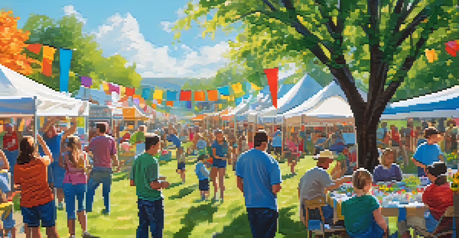 Volunteers setting up an outdoor spring festival, surrounded by colorful banners and blooming flowers under a sunny sky.