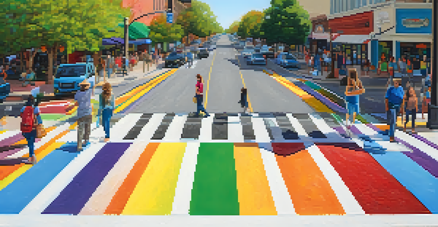Vibrant rainbow crosswalks in Austin, Texas, with people walking and colorful local shops in the background.