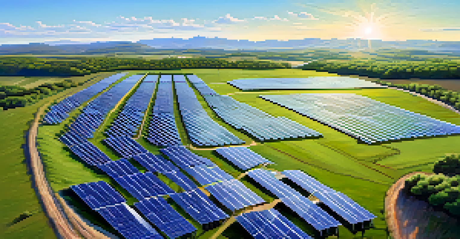 Aerial view of a solar farm with solar panels, green fields, and distant hills.