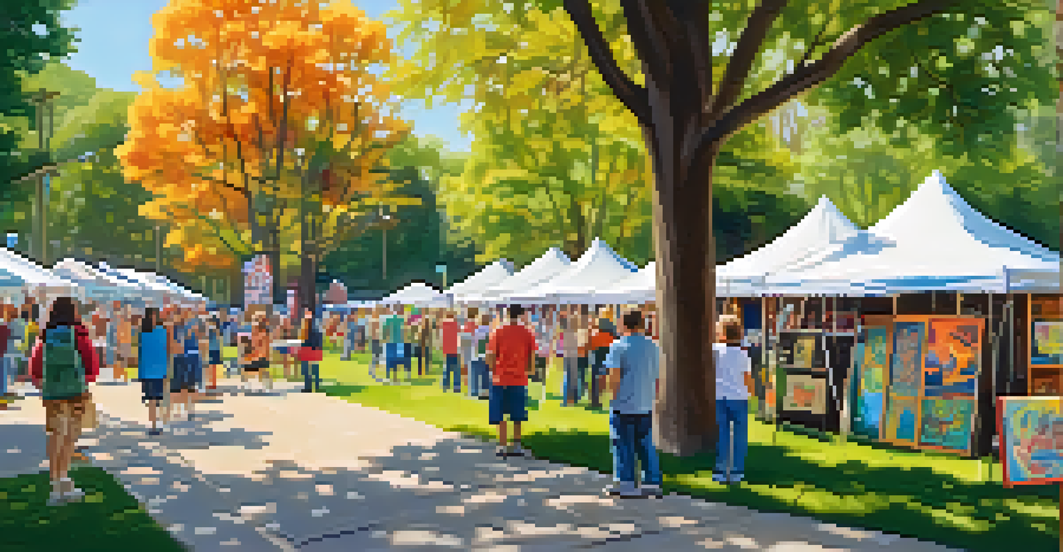 A community art festival in a park with artists' booths, families engaging in art activities, and colorful banners.