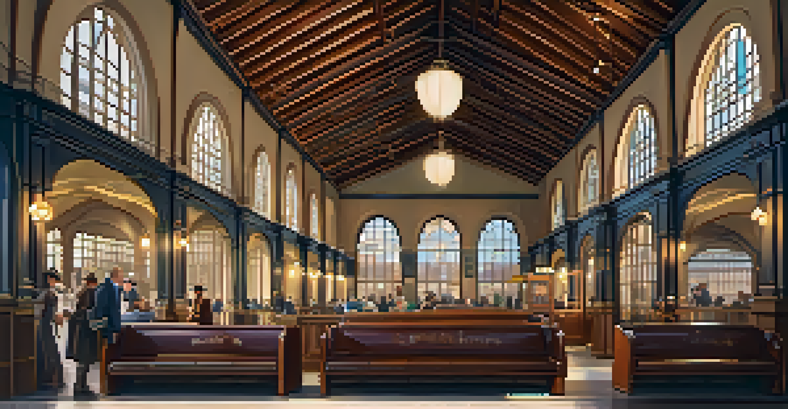 An old train station with vintage architecture, featuring arched windows and wooden benches, filled with travelers in vintage clothing and softly lit interiors.