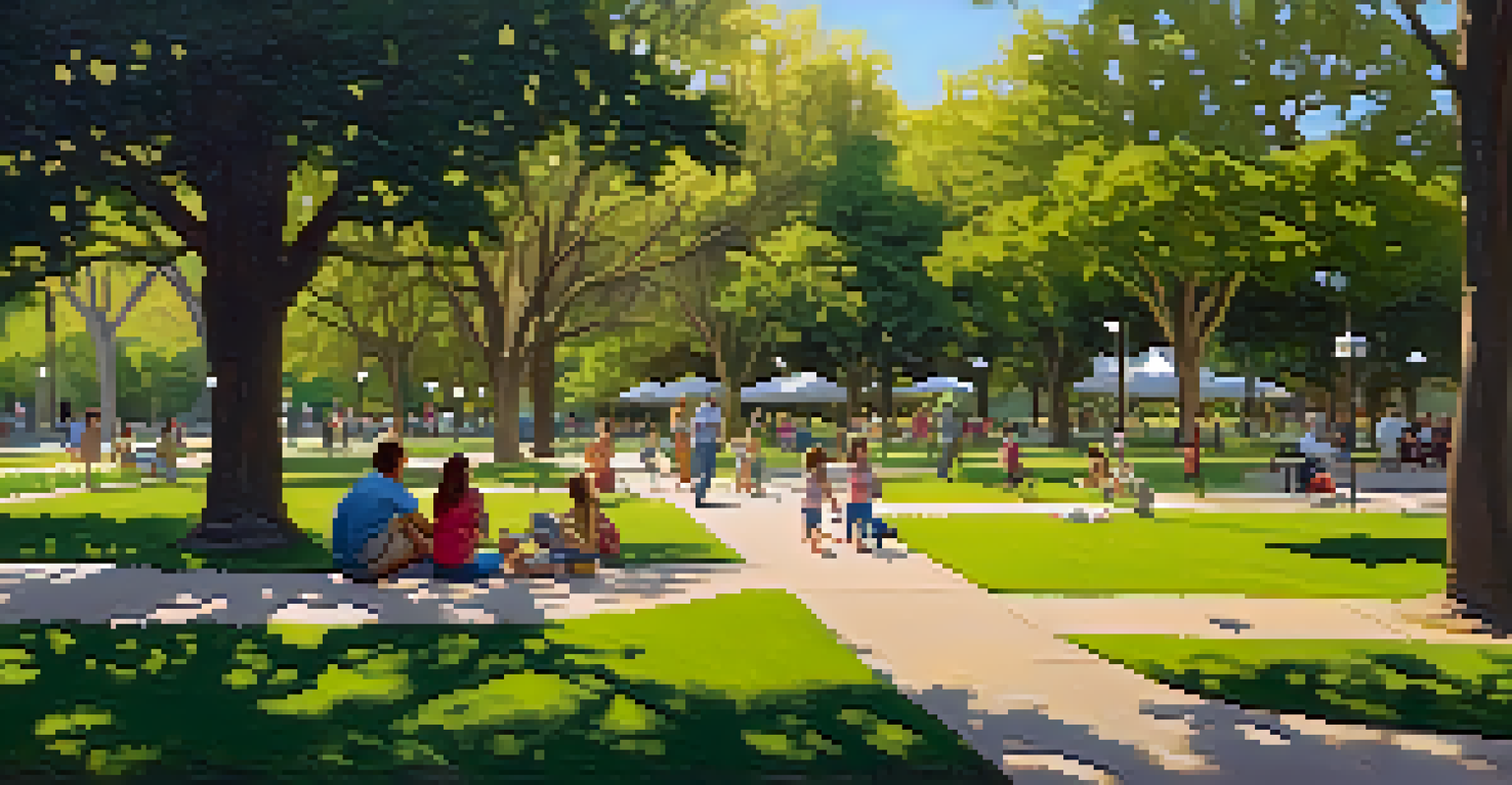 Families enjoying a sunny day in Stacy Park, with children playing and trees providing shade.