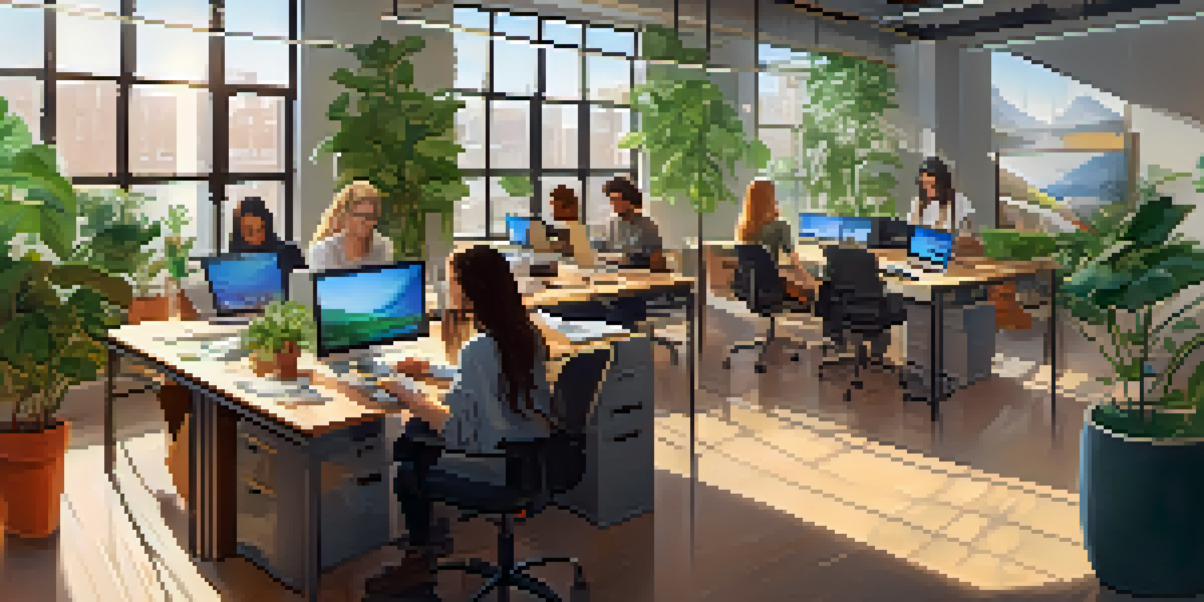 A bright office environment with diverse interns working together on a project, surrounded by natural light and greenery.