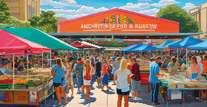 A lively outdoor food market in Austin, filled with food trucks and people enjoying diverse dishes under a bright sky.