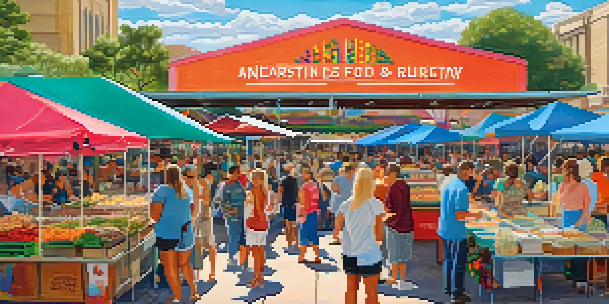 A lively outdoor food market in Austin, filled with food trucks and people enjoying diverse dishes under a bright sky.