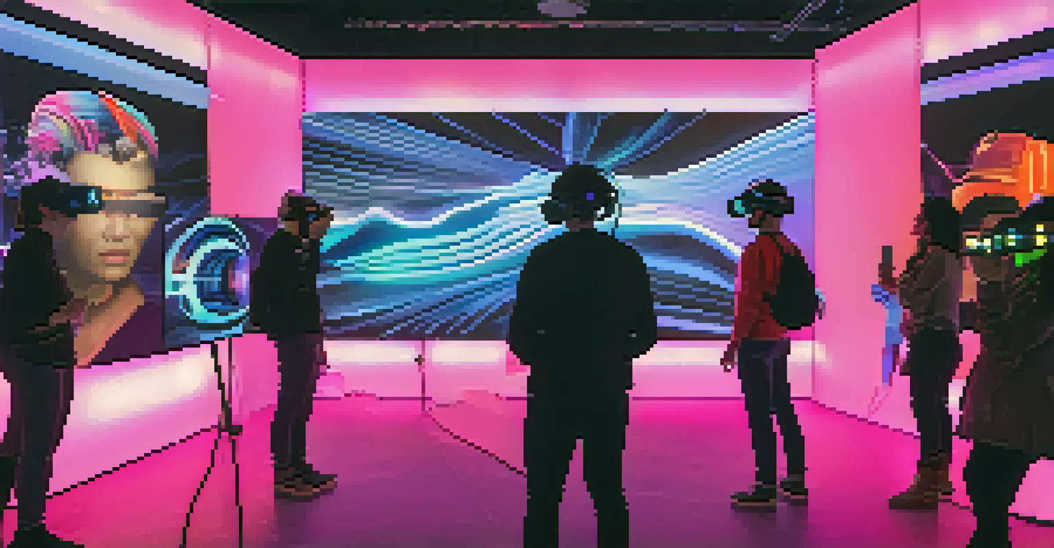 An interactive media exhibit at SXSW with attendees exploring virtual reality technology and digital art in a vibrant, neon-lit setting.