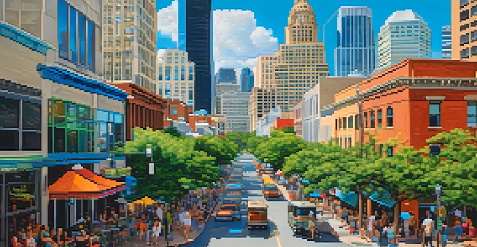 A lively downtown Austin with diverse professionals walking, historic buildings, and modern skyscrapers under a clear blue sky.