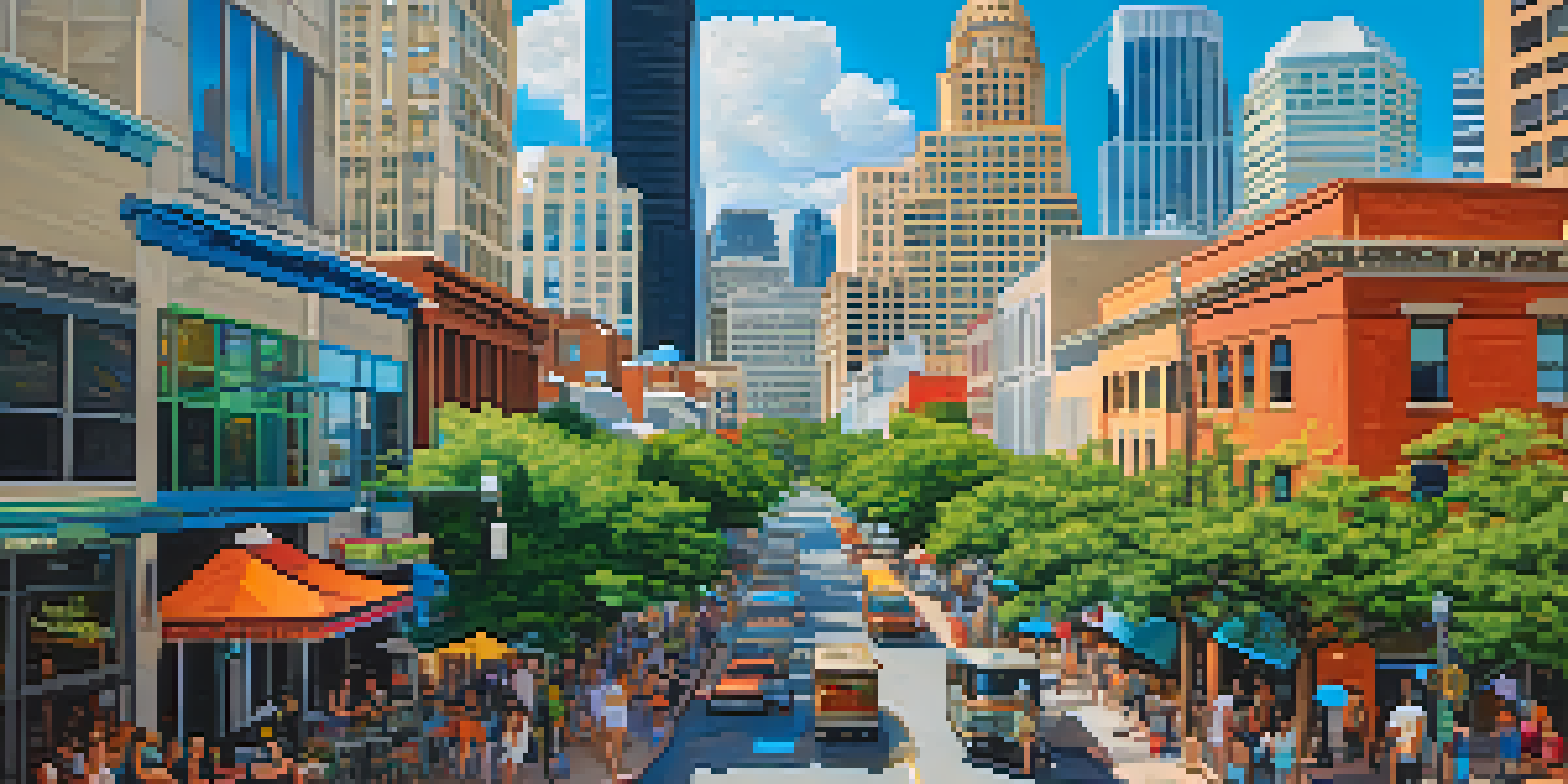 A lively downtown Austin with diverse professionals walking, historic buildings, and modern skyscrapers under a clear blue sky.