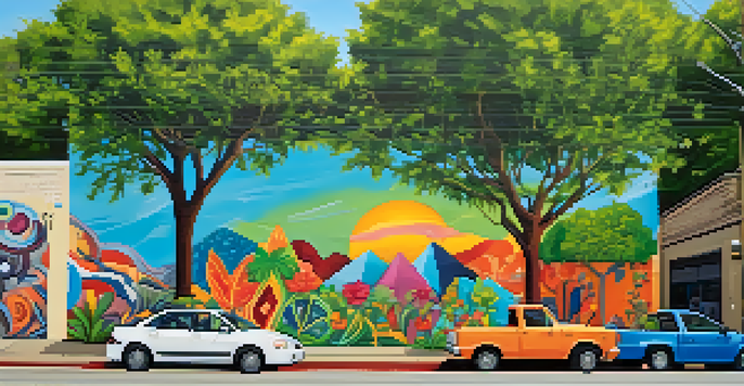 A colorful street mural in East Austin surrounded by greenery, representing local culture.