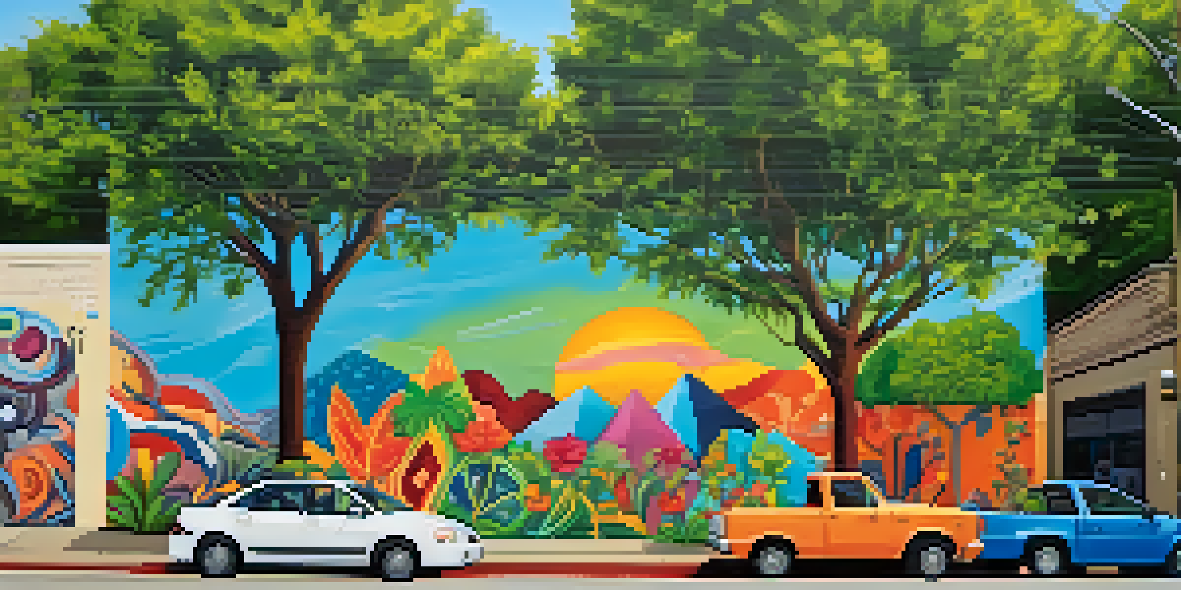 A colorful street mural in East Austin surrounded by greenery, representing local culture.
