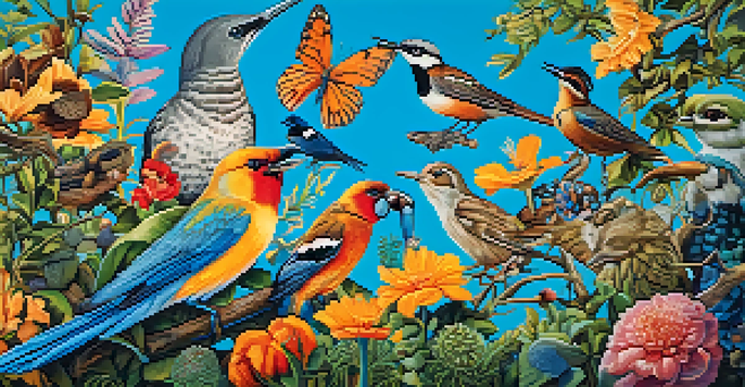 A colorful mural showcasing local wildlife, including birds and butterflies, with a bright blue sky in the background.