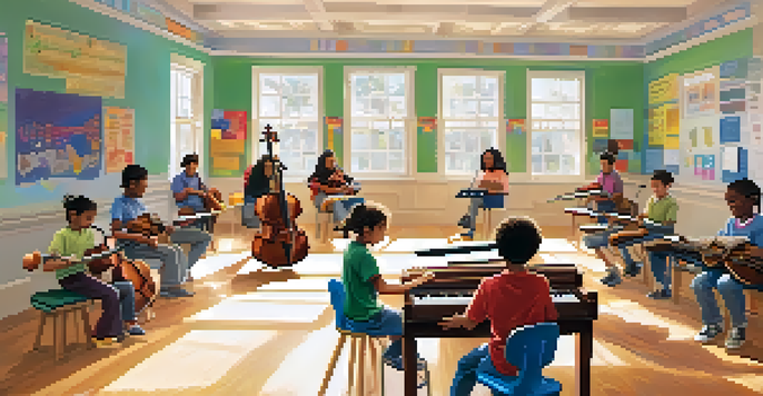 A classroom with students of different ages learning music together, filled with various musical instruments and bright natural light.