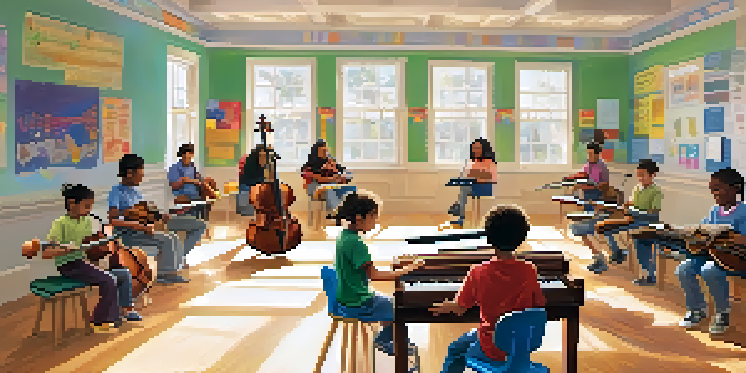 A classroom with students of different ages learning music together, filled with various musical instruments and bright natural light.