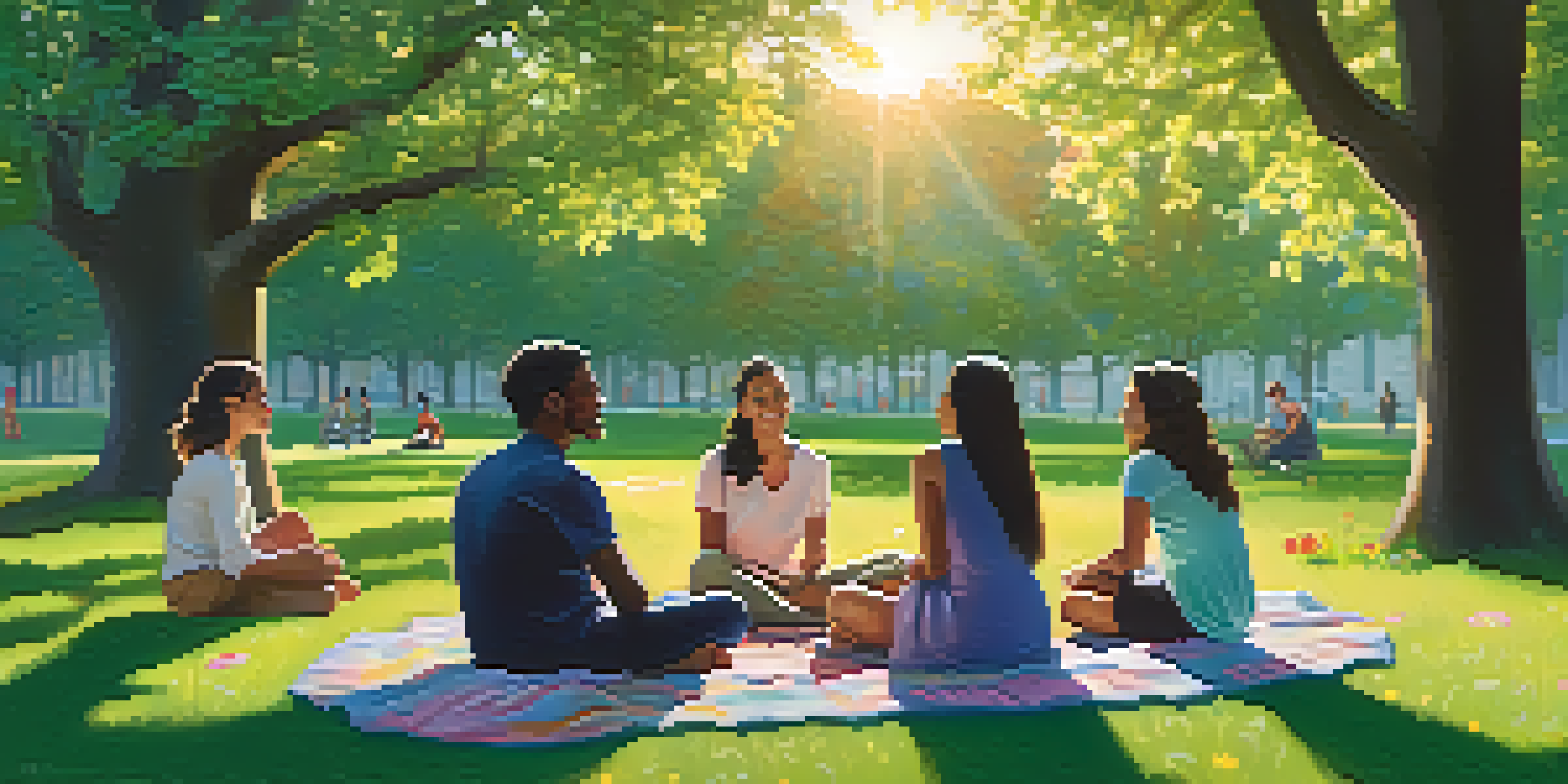 A diverse group of people in a park sitting in a circle, sharing stories and providing comfort to each other, surrounded by blooming flowers and soft grass during golden hour.