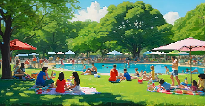 A family enjoying a picnic in Zilker Park with children playing and flowers around them.