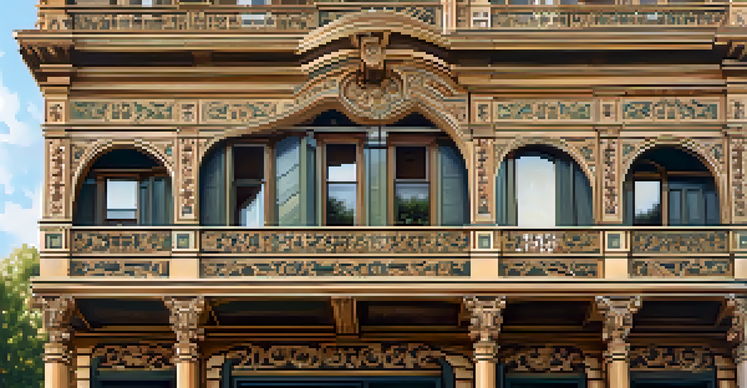 Intricate woodwork and decorative details on the facade of the historic Driskill House, illuminated by soft natural light.