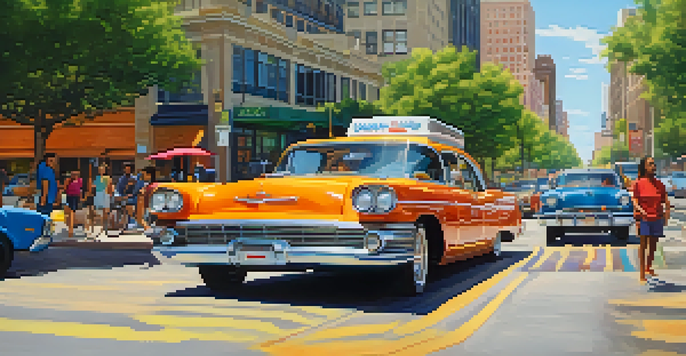 A vibrant urban scene in Austin with a colorful car and people carpooling, set against city buildings and greenery in sunny weather.