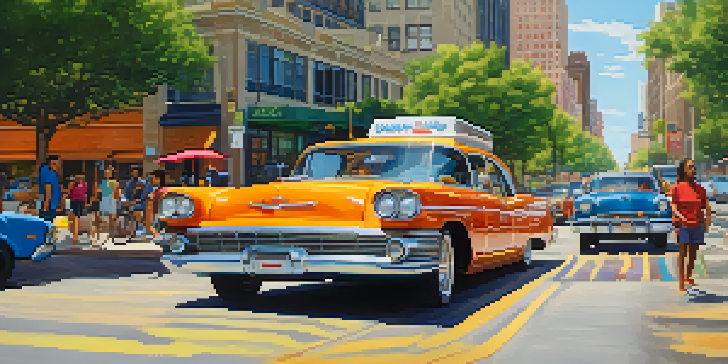 A vibrant urban scene in Austin with a colorful car and people carpooling, set against city buildings and greenery in sunny weather.