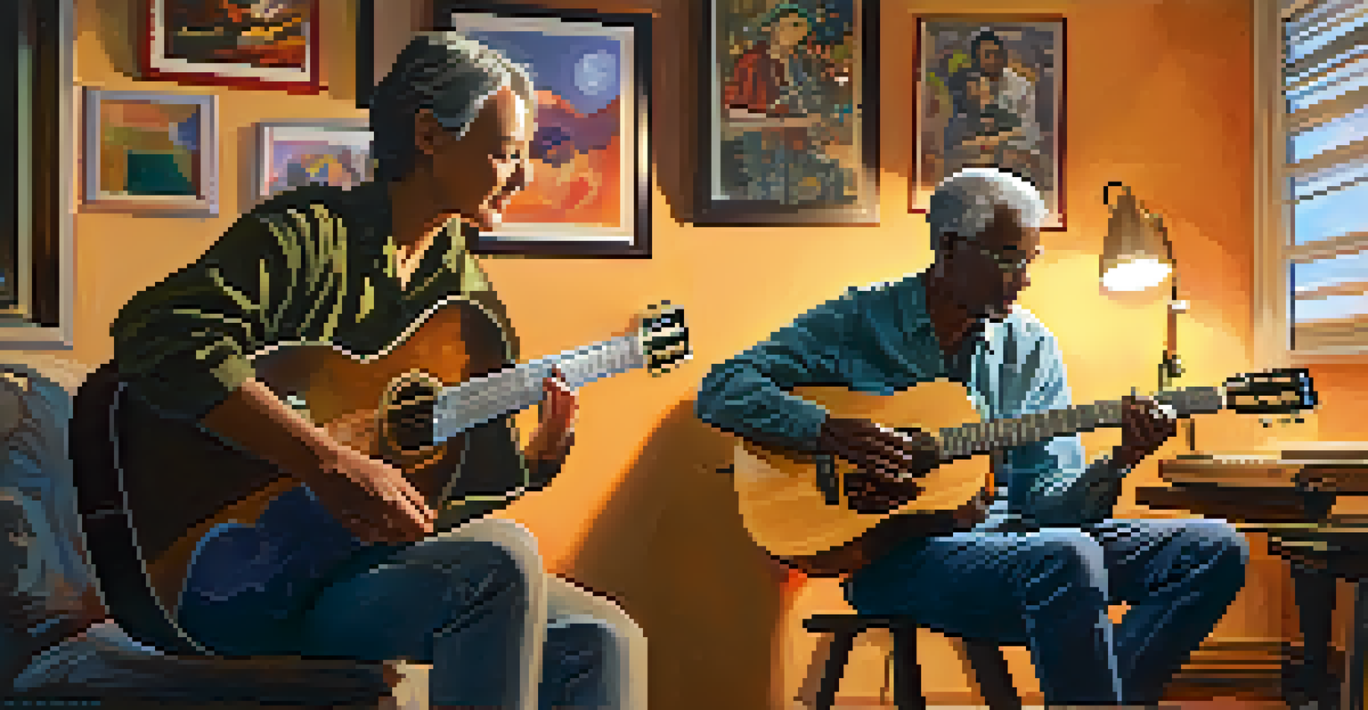A mentor guiding a young musician in a cozy studio filled with musical notes and artwork.