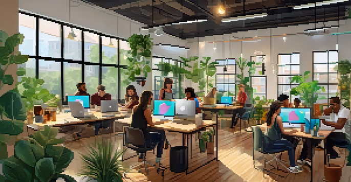 A vibrant co-working space in Austin with diverse individuals working on laptops amidst greenery and art.