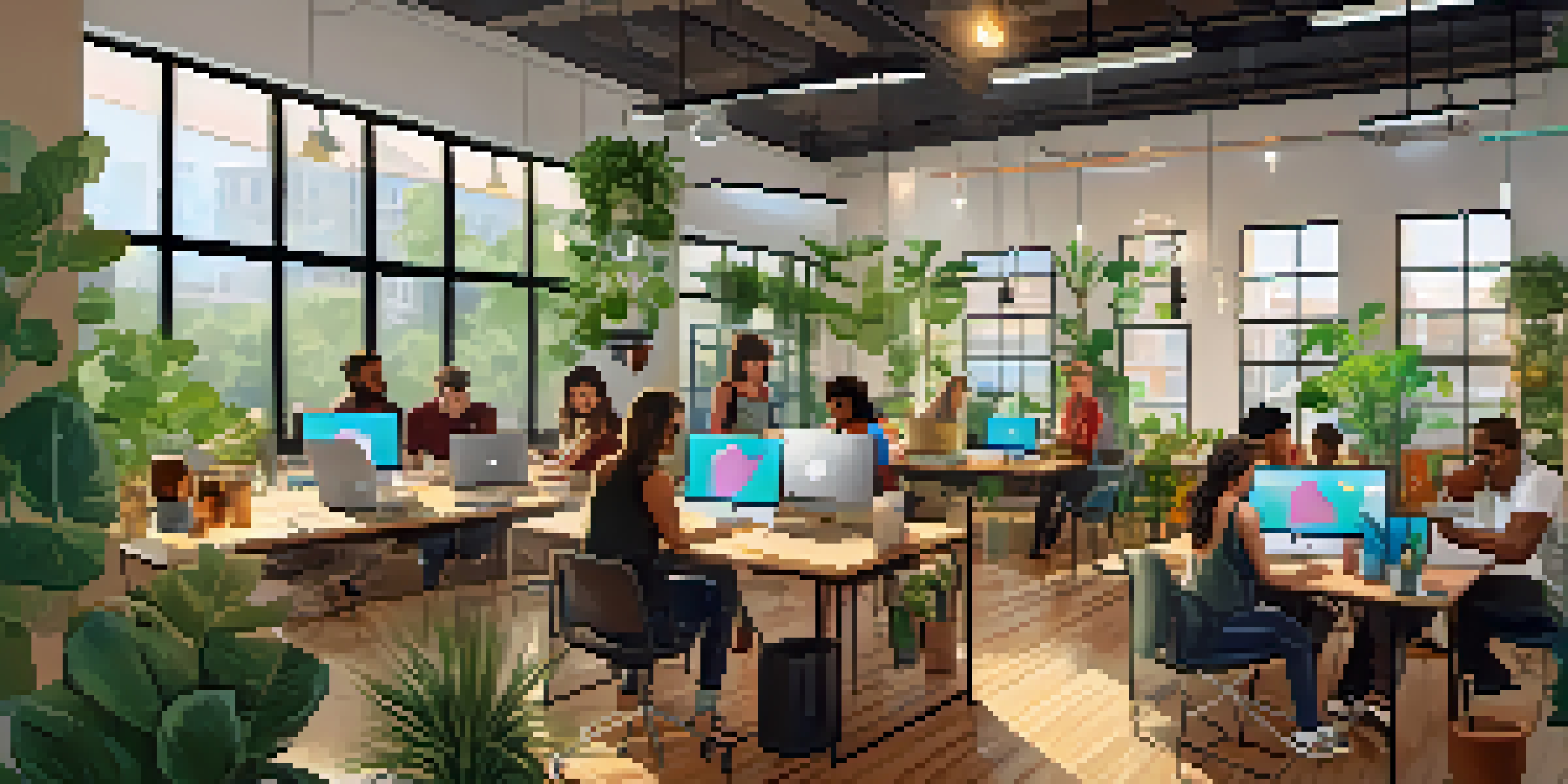 A vibrant co-working space in Austin with diverse individuals working on laptops amidst greenery and art.