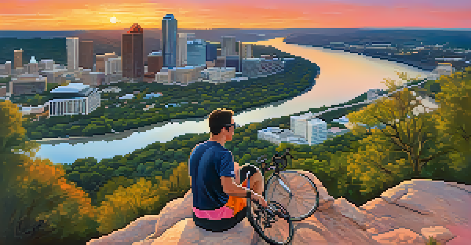 A cyclist resting at Mount Bonnell, overlooking the Colorado River and Austin cityscape during sunset.