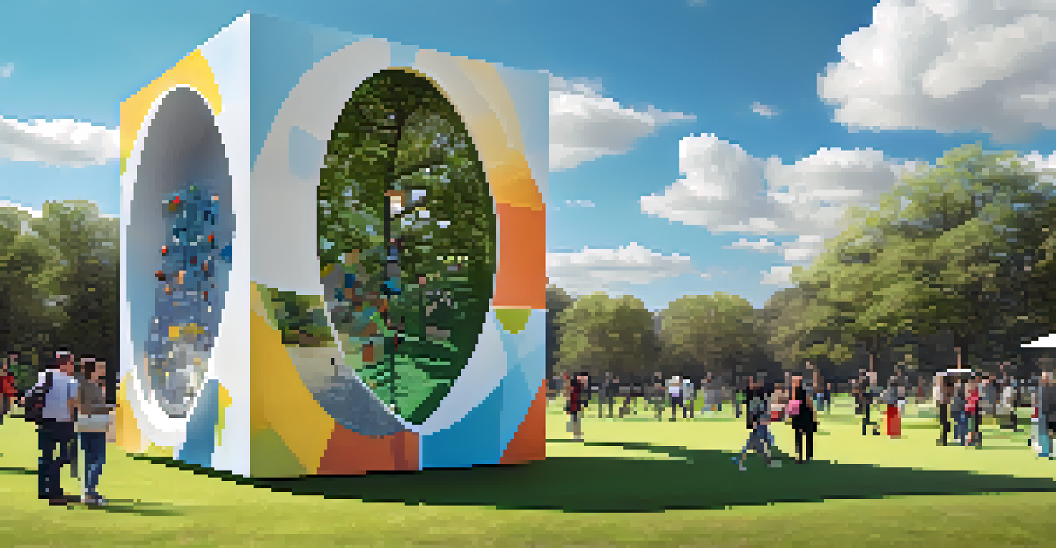 An interactive art installation made from recycled materials in a public park, with visitors engaging with the artwork under a blue sky.
