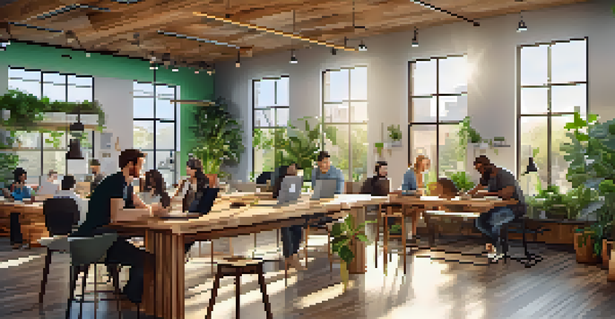 A bright and lively co-working space in Austin where diverse entrepreneurs collaborate on health tech projects, surrounded by natural light and indoor plants.