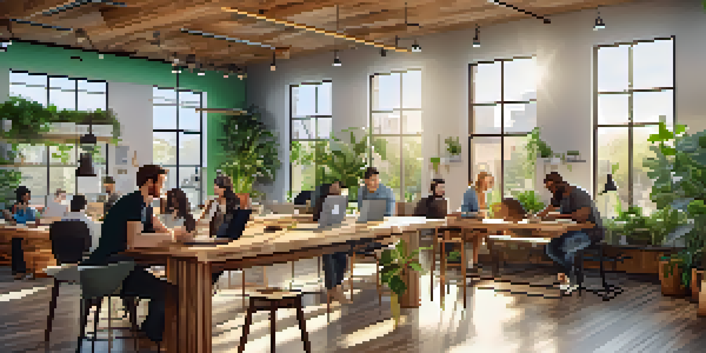 A bright and lively co-working space in Austin where diverse entrepreneurs collaborate on health tech projects, surrounded by natural light and indoor plants.