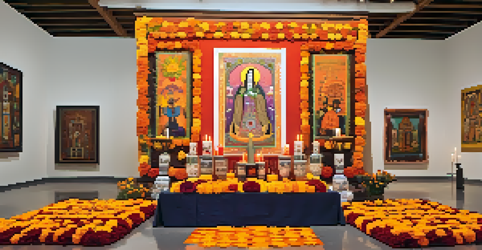 Interior of Mexic-Arte Museum showcasing a colorful Día de los Muertos altar with marigolds and papel picado.