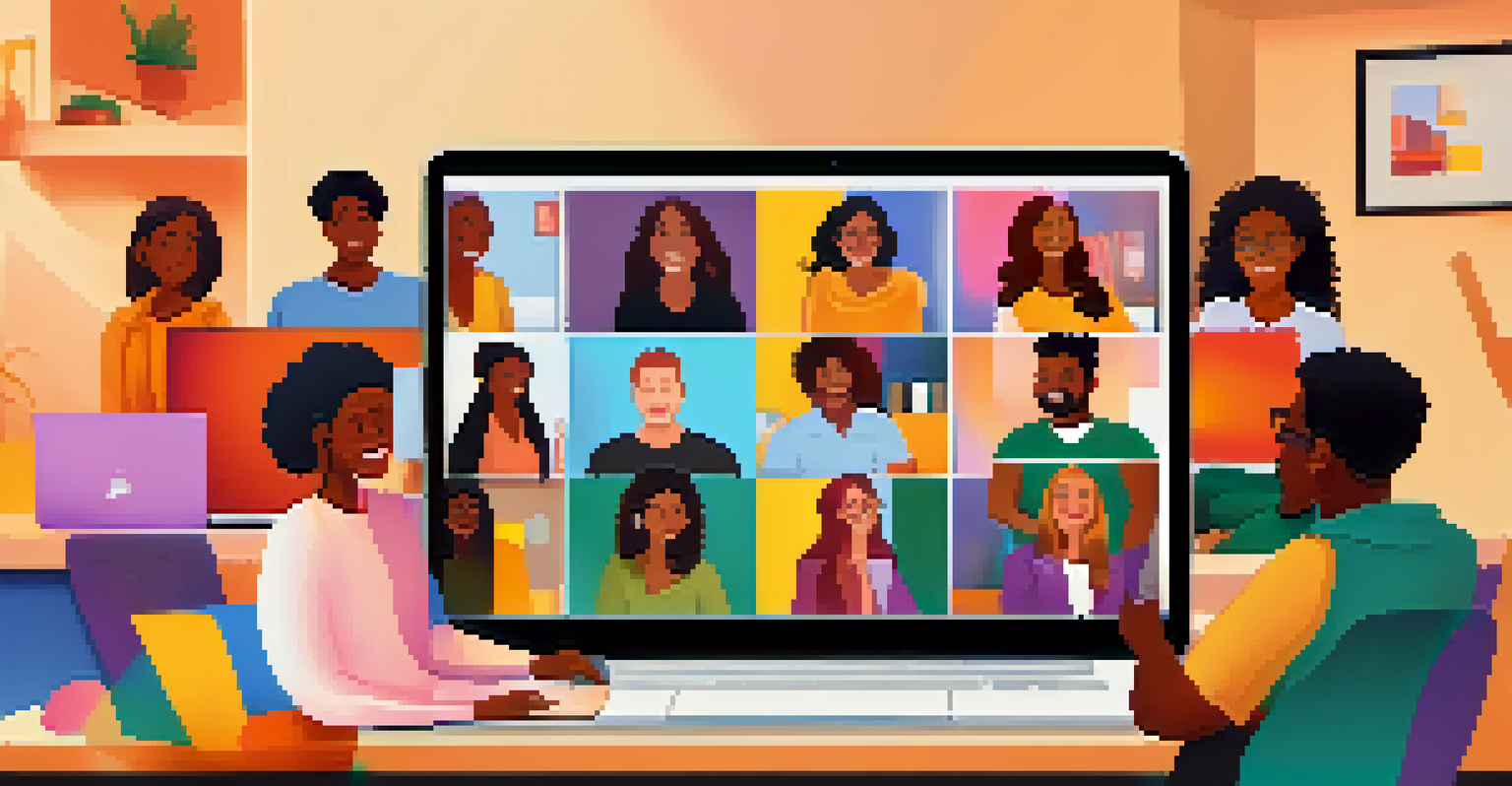 A virtual meeting with diverse participants on laptops, showcasing smiles and engagement.