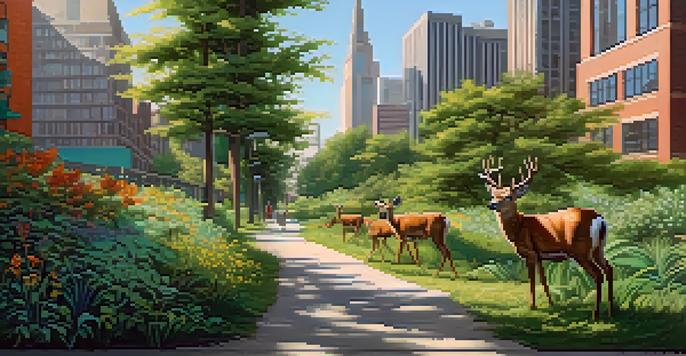 A wildlife corridor with a green pathway in front of a city skyline, featuring deer walking along the path.