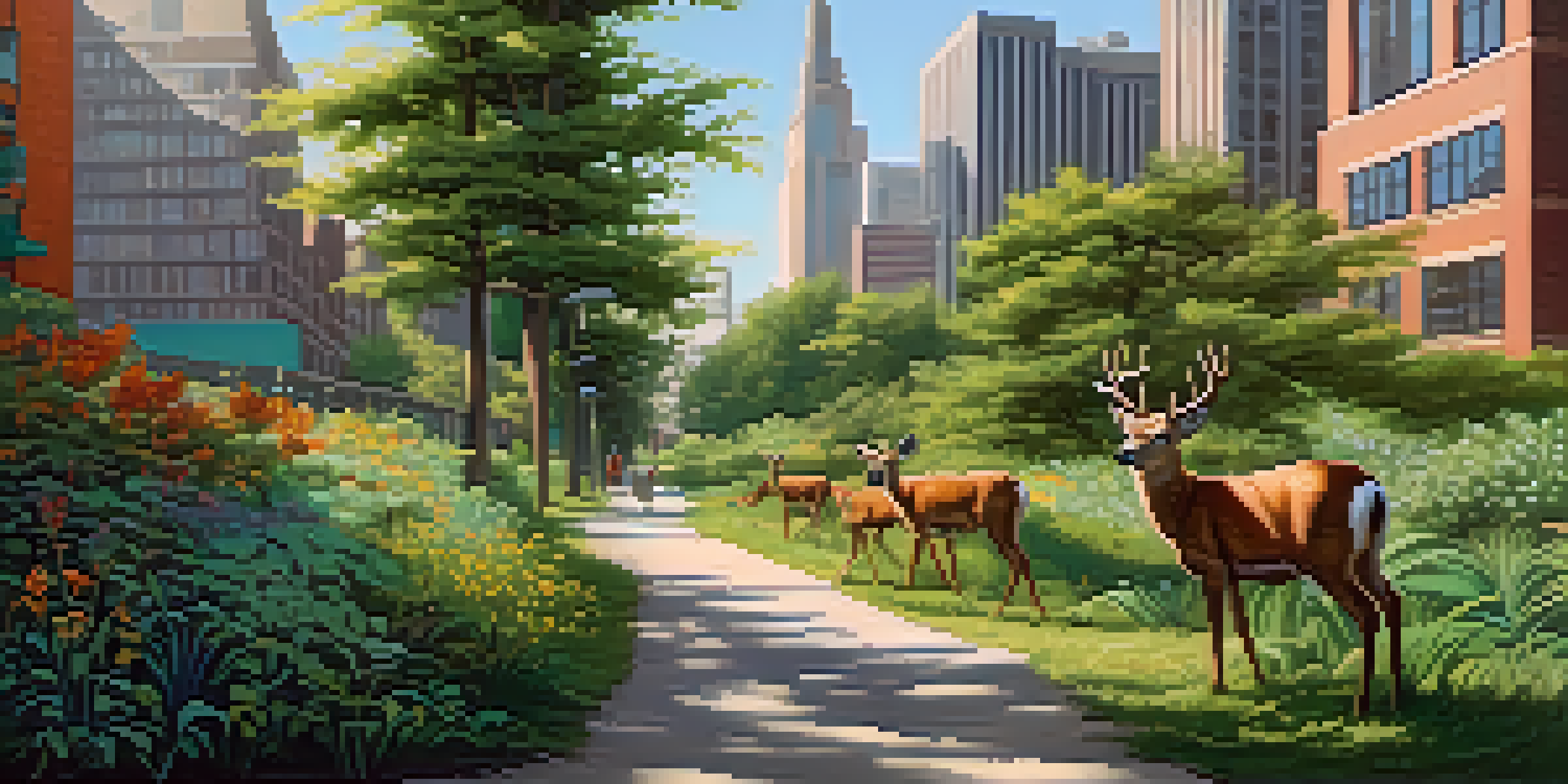 A wildlife corridor with a green pathway in front of a city skyline, featuring deer walking along the path.