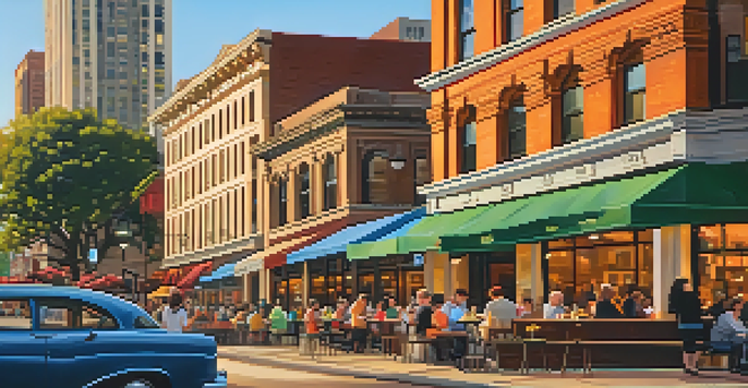A lively street in Austin with a mix of modern buildings and historic architecture, featuring a café with outdoor seating and a beautiful sunset.