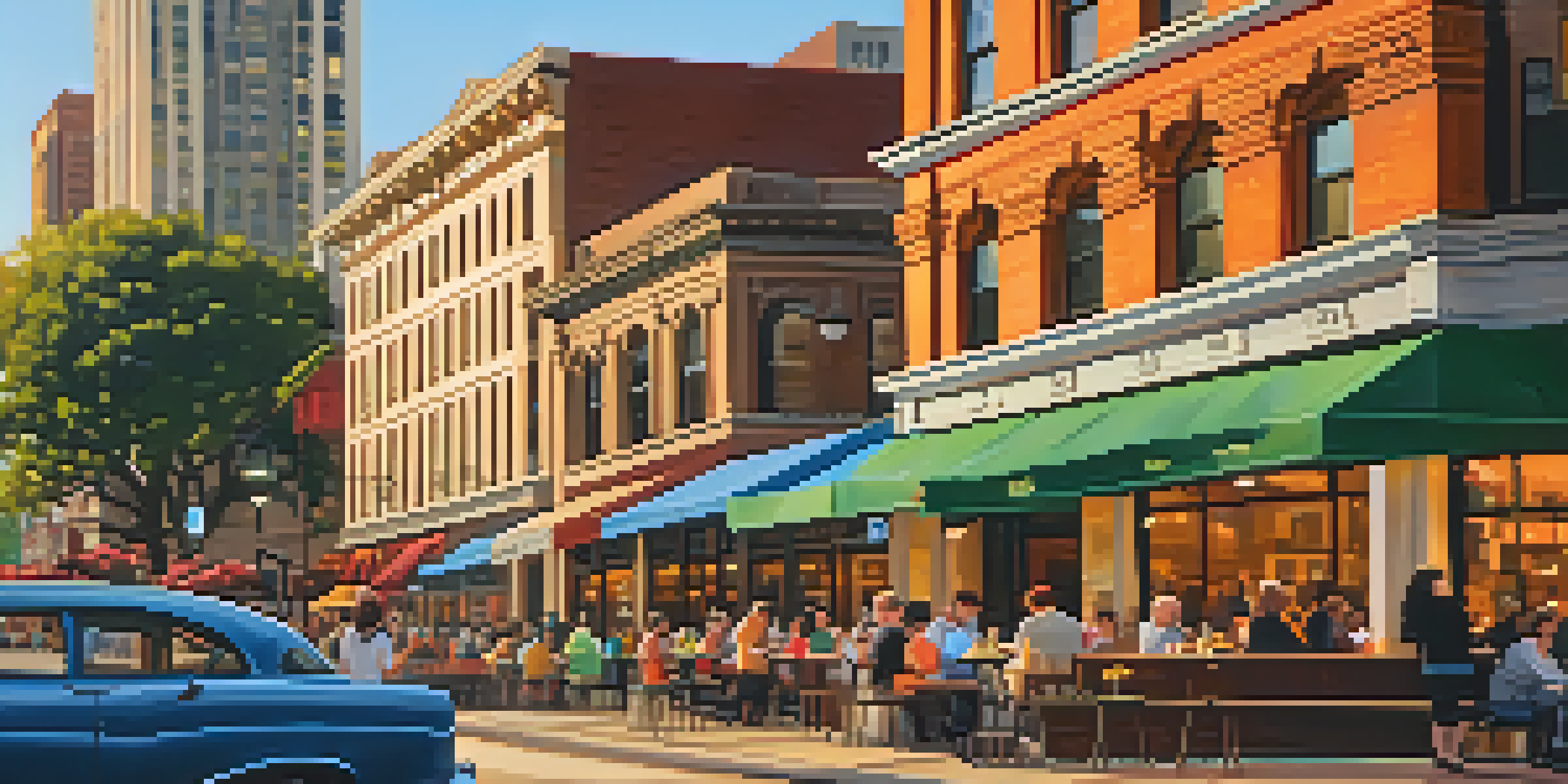 A lively street in Austin with a mix of modern buildings and historic architecture, featuring a café with outdoor seating and a beautiful sunset.