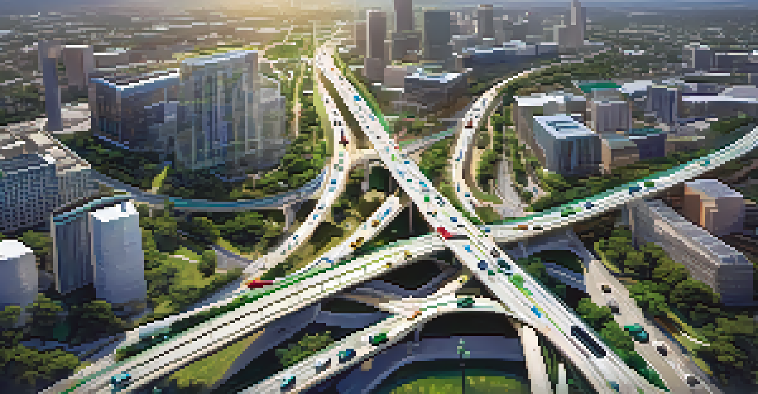 An aerial view of Austin's smart traffic management system showing smooth traffic flow and solar panels, under bright daylight.