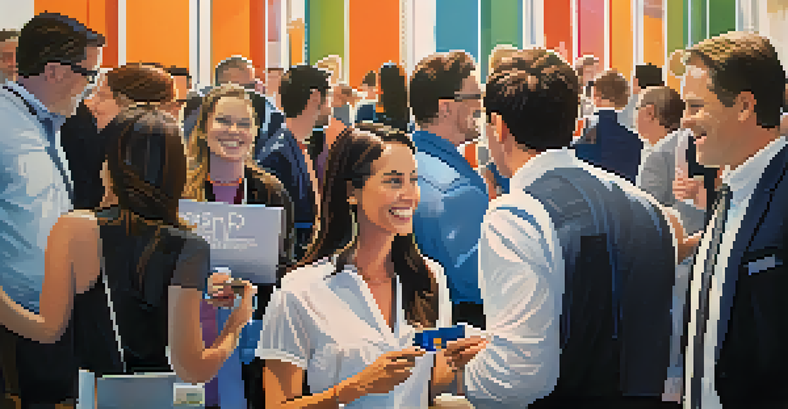 Two attendees exchanging business cards at a networking event, with a busy conference backdrop and modern decor.