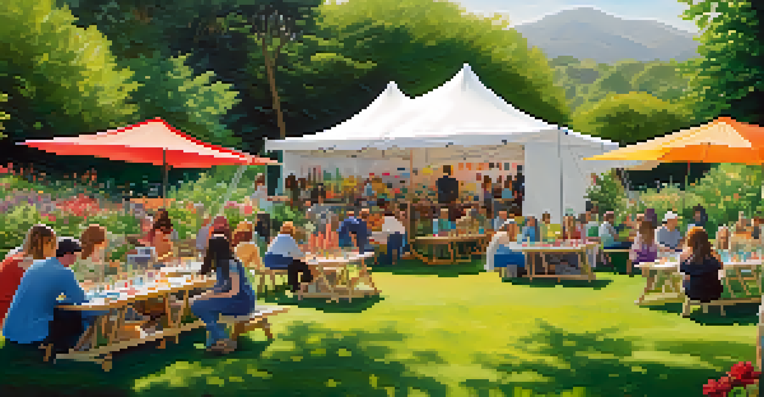 Participants taking part in an art therapy session in a garden, surrounded by art supplies and colorful canvases.