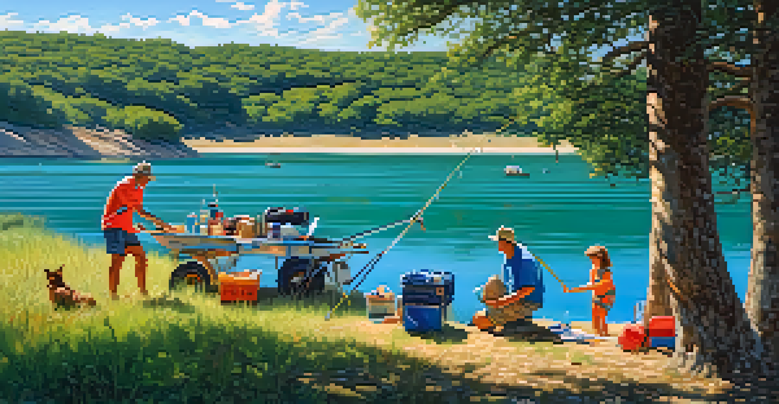 A family fishing on the banks of Lake Travis, with bright blue water and colorful fishing gear, enjoying a picnic.