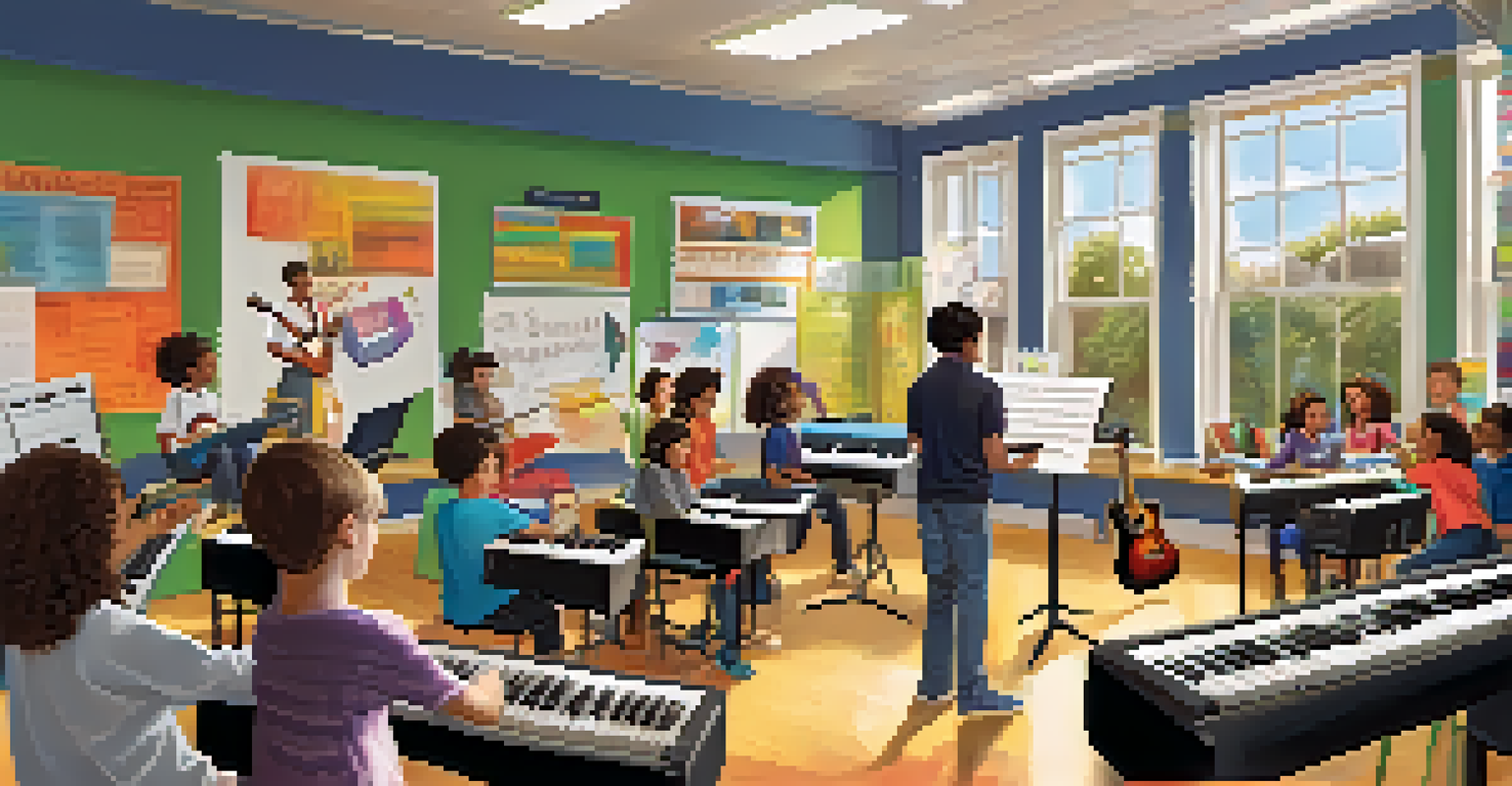 Students participating in a music lesson in a colorful classroom, with musical instruments and a teacher guiding them.