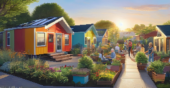 A diverse group of residents enjoying communal spaces in a vibrant co-housing community with tiny homes and gardens.