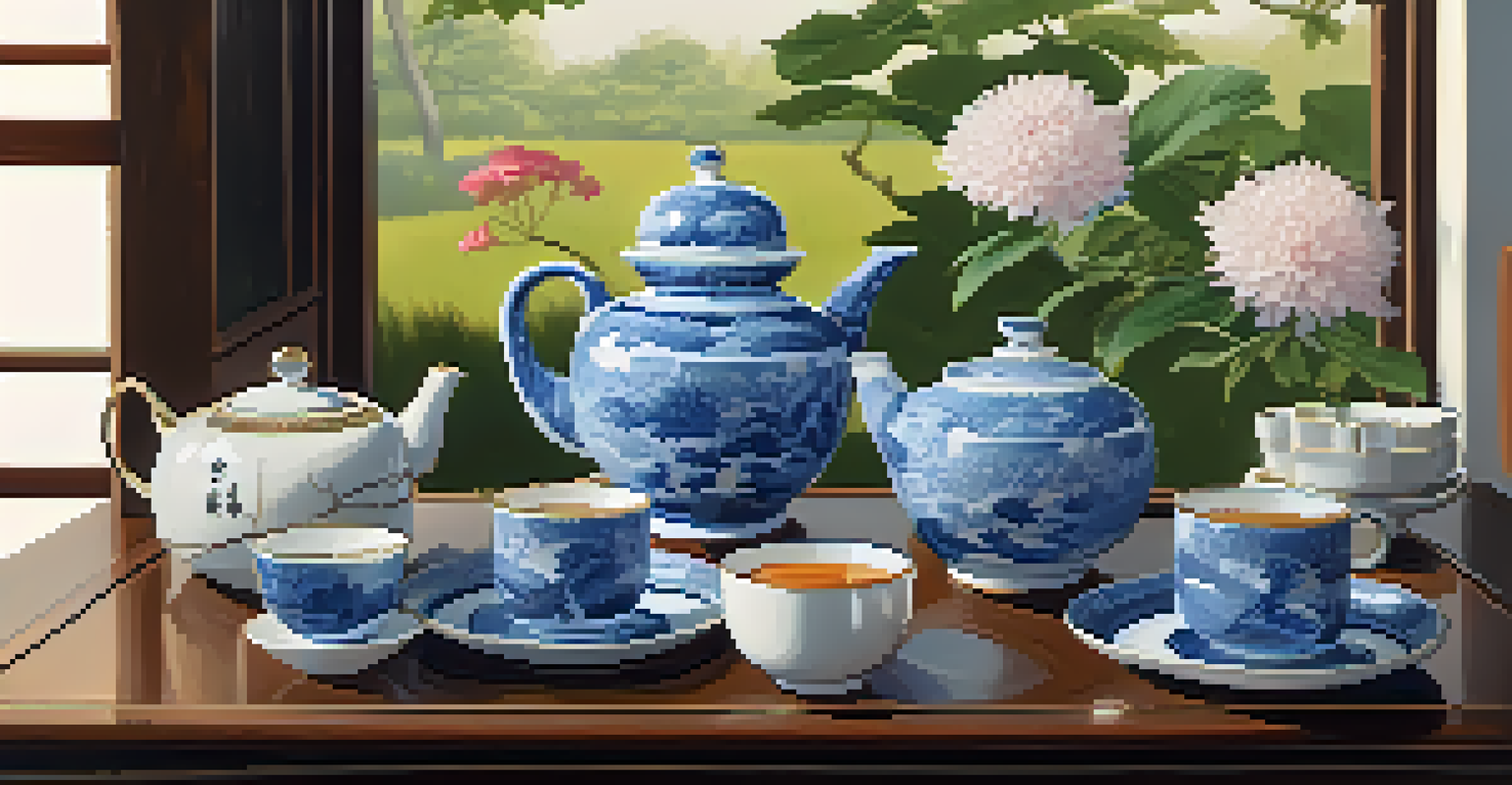 A close-up view of a traditional Japanese tea ceremony in a cozy living room, showcasing a delicate tea set and seasonal flowers in soft natural light.