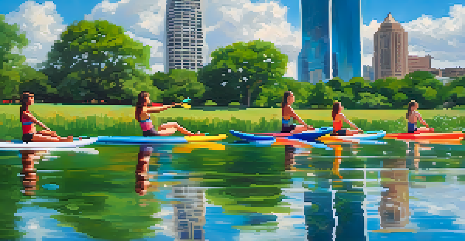Participants practicing paddleboard yoga on Lady Bird Lake with the city skyline reflected on the water, under a bright blue sky.