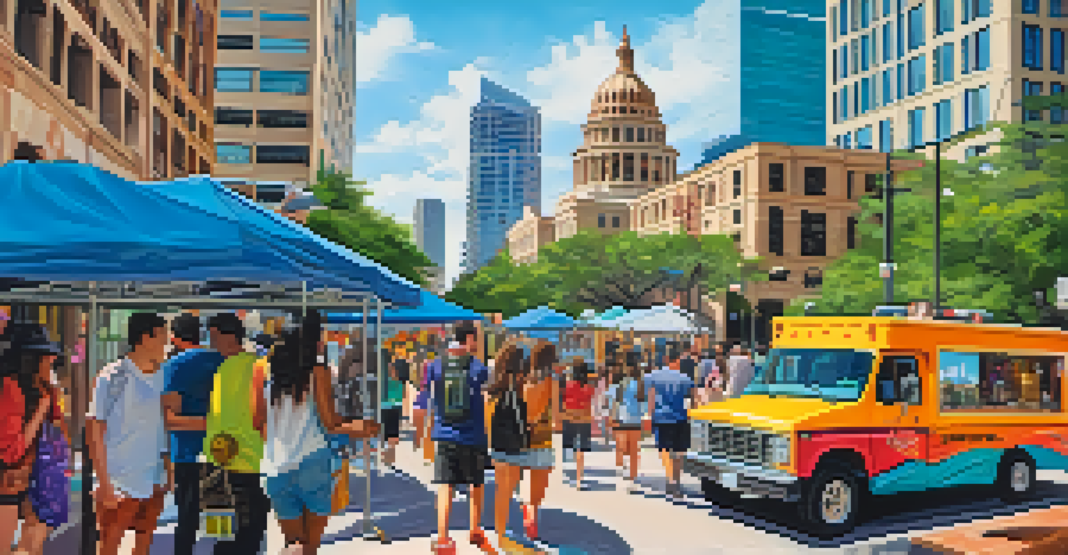 A group of international students exploring downtown Austin, surrounded by food trucks and street art, with the Texas State Capitol in the background, capturing the vibrant culture of the city.