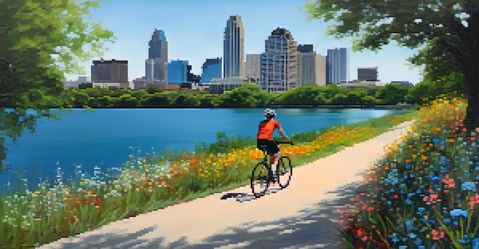 A cyclist on the Hike-and-Bike Trail with downtown Austin skyline and blooming flowers in the background.