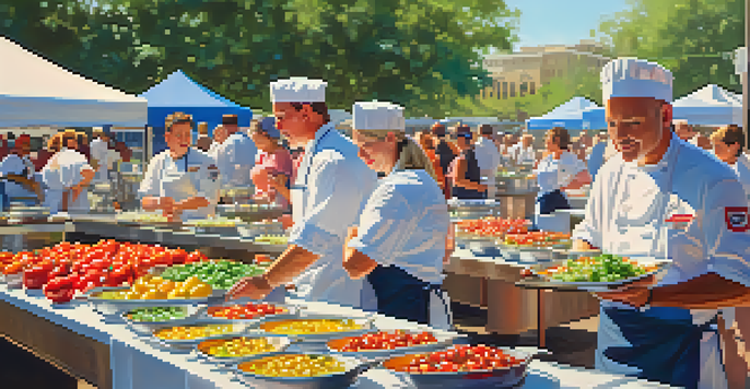A lively culinary competition in Austin with chefs preparing dishes using fresh local ingredients, surrounded by an engaged audience under bright banners.